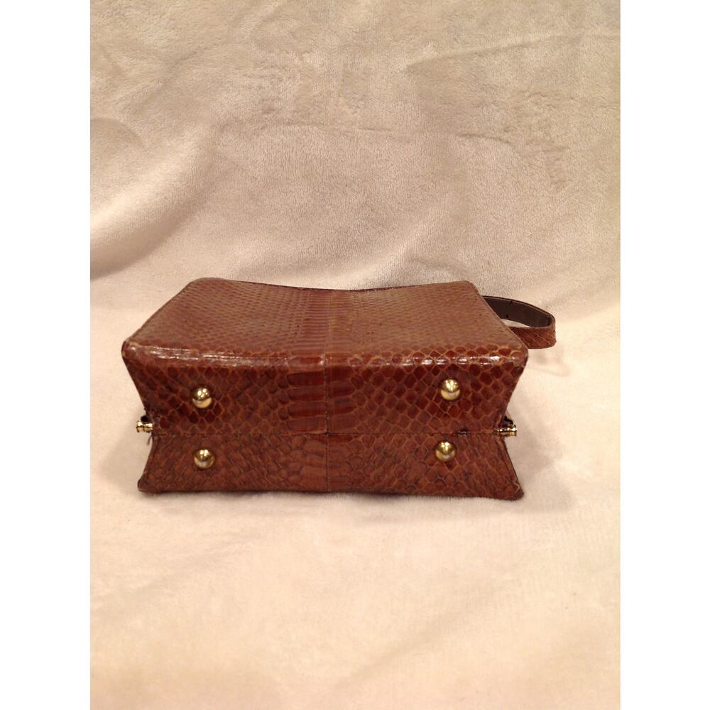 Vintage Brown Snake Print Handbag with Gold Accents Square Top Handle Purse - Picture 7 of 14